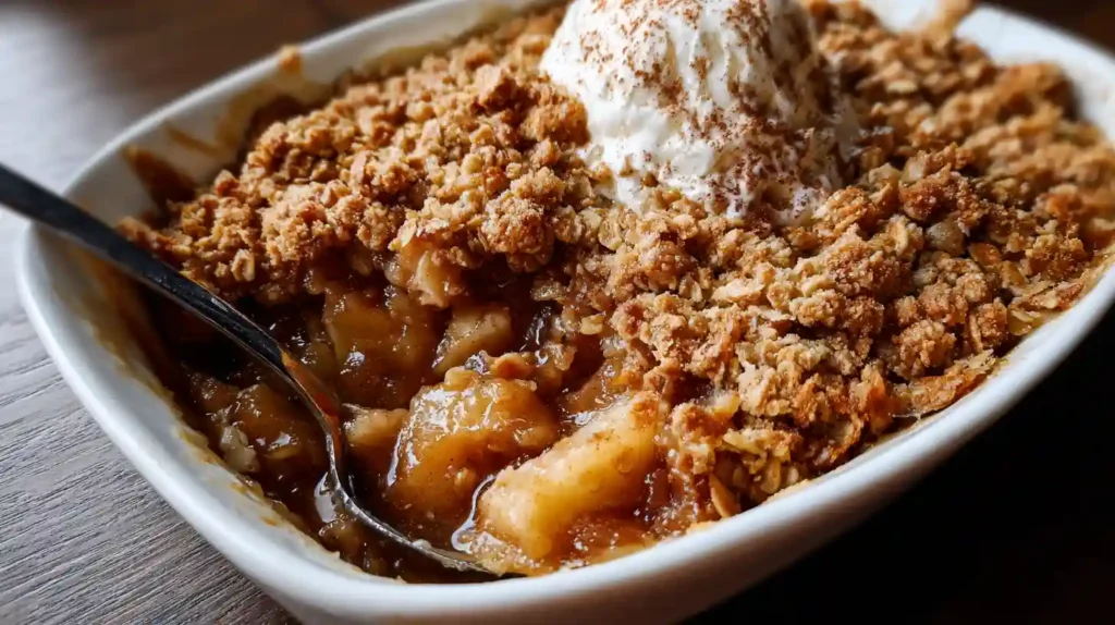 Homemade apple crisp with golden oatmeal crumble topping in white baking dish