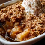 Homemade apple crisp with golden oatmeal crumble topping in white baking dish