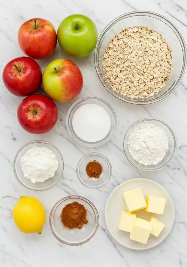Fresh ingredients for apple crisp recipe including sliced apples, rolled oats, brown sugar, and spices