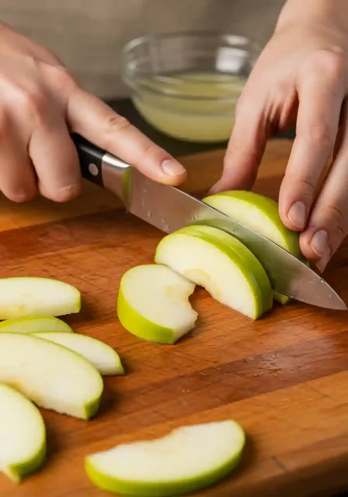 Hands slicing fresh apples into uniform pieces for homemade apple crisp recipe