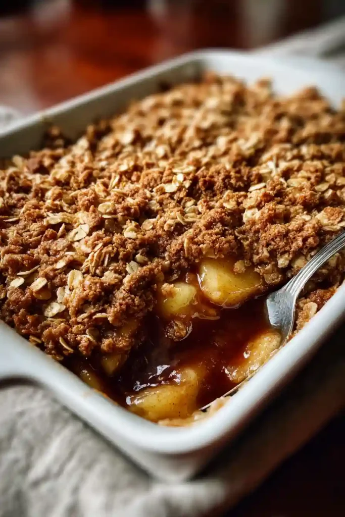 Golden brown apple crisp with oatmeal topping being removed from oven, juices bubbling