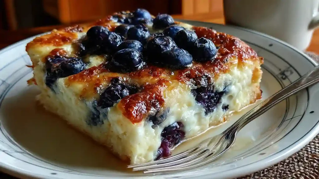 Golden blueberry cottage cheese breakfast bake cut into squares in white baking dish with fresh berries on top