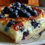 Golden blueberry cottage cheese breakfast bake cut into squares in white baking dish with fresh berries on top