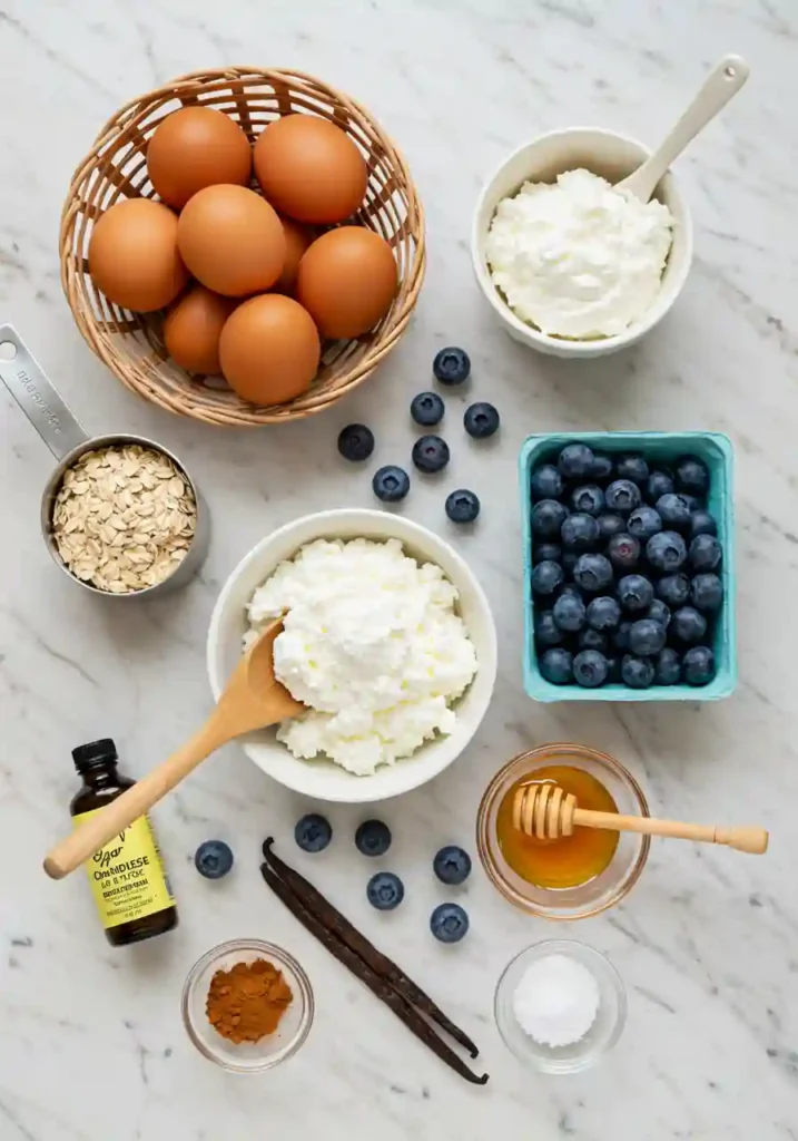 Fresh ingredients for breakfast bake laid out on counter: cottage cheese, eggs, oats, blueberries, honey and spices