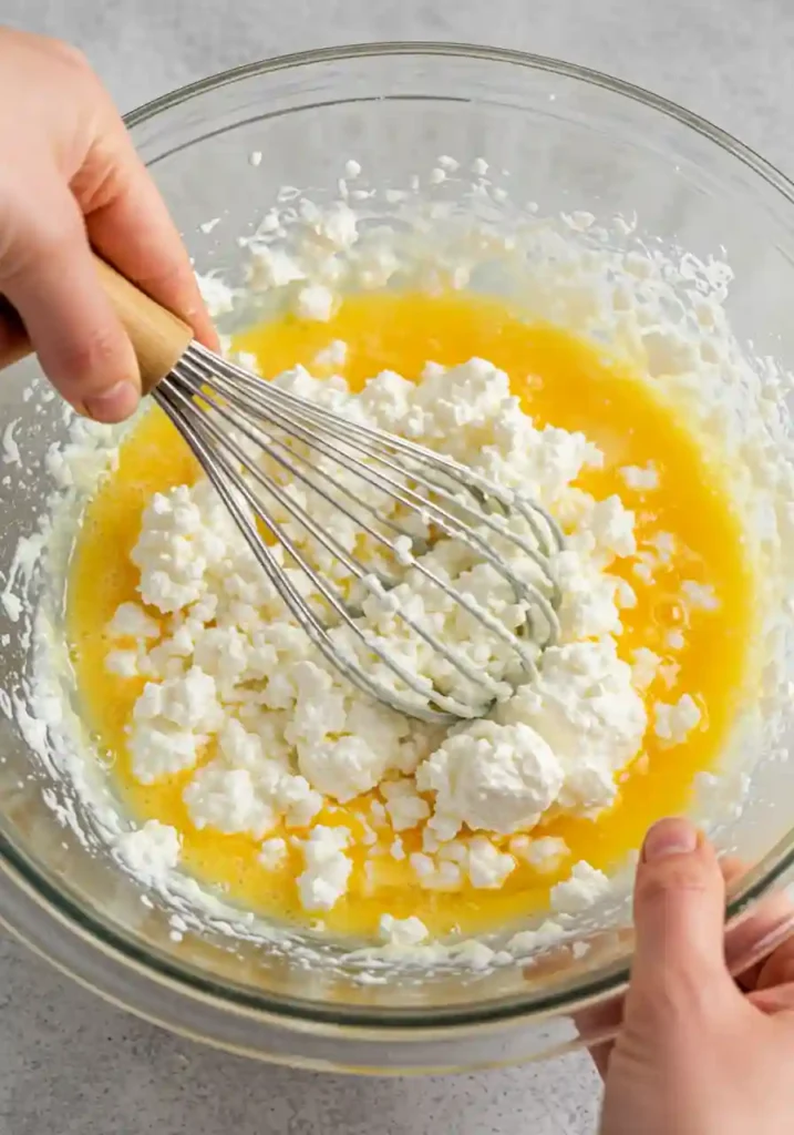 Hands whisking cottage cheese and egg mixture in large glass bowl during breakfast bake preparation