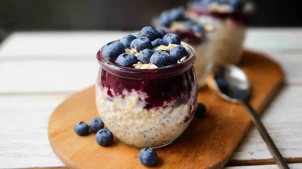 Creamy blueberry overnight oats in mason jar topped with fresh berries and almonds on marble surface