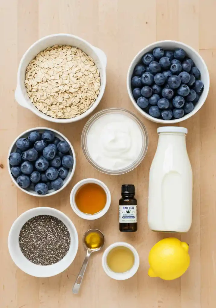 Fresh ingredients for blueberry overnight oats including oats, blueberries, yogurt, and chia seeds arranged on wooden board