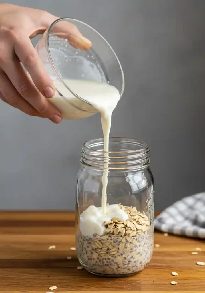 Hands pouring milk and yogurt mixture into mason jar with oats for blueberry overnight oats recipe
