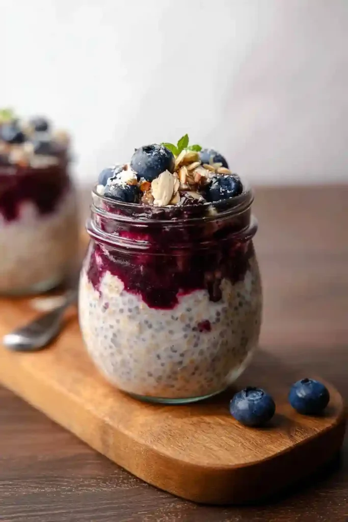 Stirring prepared blueberry overnight oats in mason jar after overnight chilling, ready to eat for breakfast