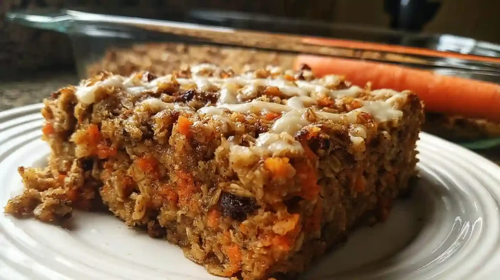 Golden brown carrot cake baked oatmeal in white baking dish with visible carrots and spices