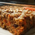 Golden brown carrot cake baked oatmeal in white baking dish with visible carrots and spices