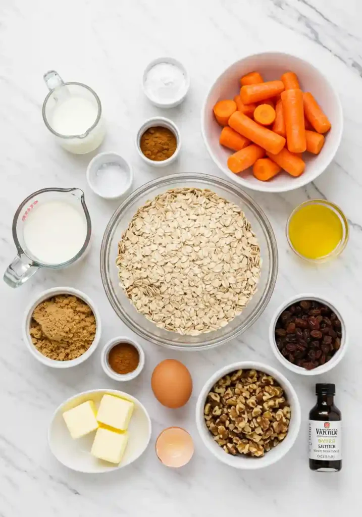 Ingredients for carrot cake baked oats including oats, shredded carrots, spices, milk, and nuts arranged on counter