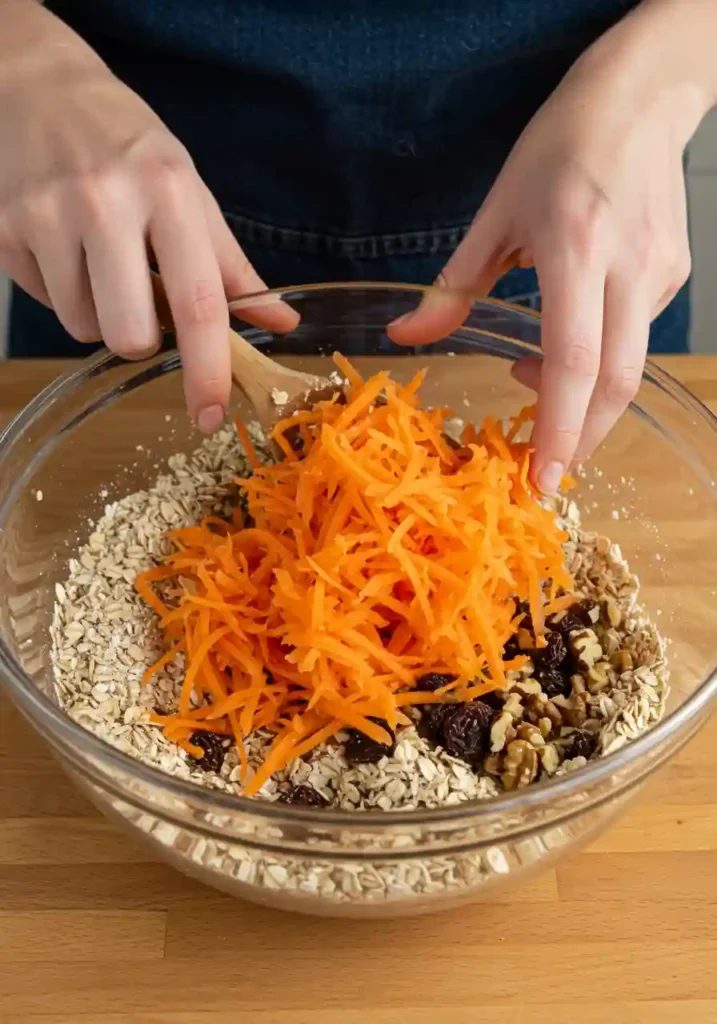 Hands folding shredded carrots and raisins into dry oat mixture in large mixing bowl