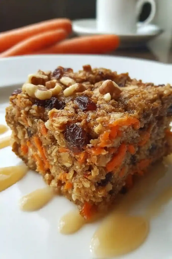 Freshly baked carrot cake baked oatmeal cooling in baking dish with golden brown top and steam rising