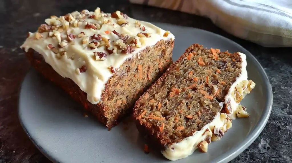 Sliced carrot cake banana bread loaf on wooden cutting board showing moist texture with visible orange carrot pieces