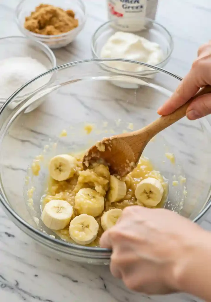 Hands mashing overripe bananas in glass mixing bowl with brown sugar and other wet ingredients nearby