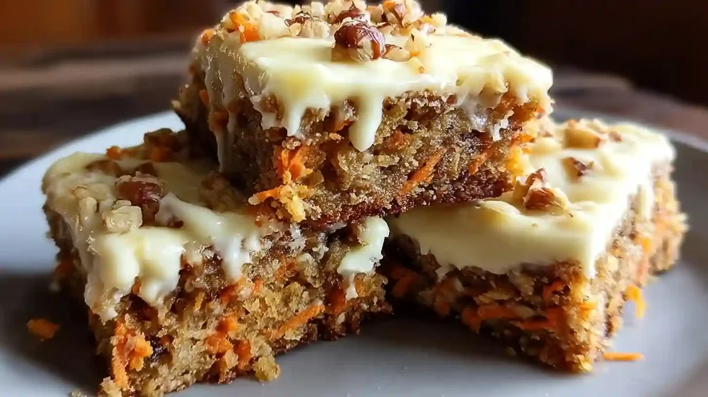 Square slices of moist carrot cake bars with cream cheese frosting on white plate