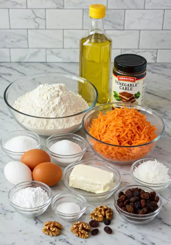 All ingredients for carrot cake bars with cream cheese frosting arranged on counter