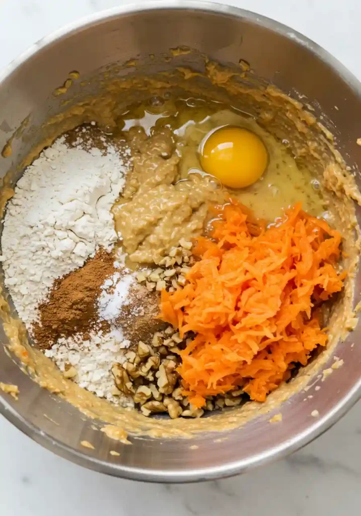 Beaten eggs and oil being mixed in bowl for carrot cake bars recipe