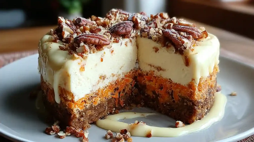 Slice of carrot cake cheesecake showing distinct layers of spiced carrot cake base and creamy white cheesecake topping with whipped cream garnish