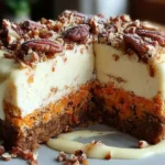 Slice of carrot cake cheesecake showing distinct layers of spiced carrot cake base and creamy white cheesecake topping with whipped cream garnish