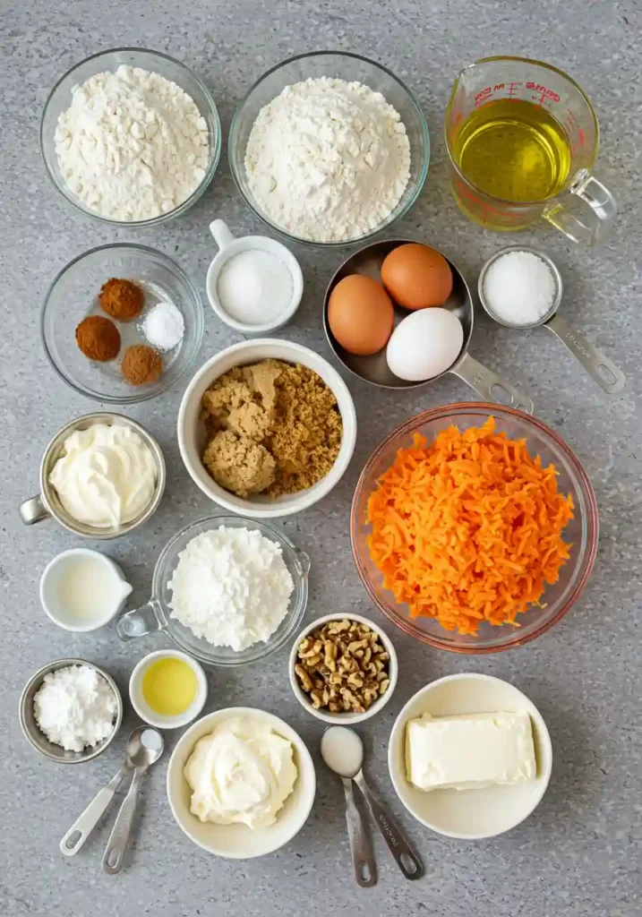 All ingredients for carrot cake cheesecake recipe laid out including cream cheese, eggs, grated carrots, flour, spices, and nuts on white background