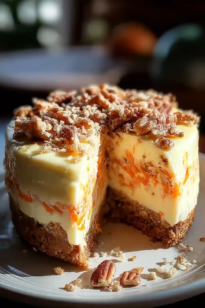 Finished carrot cake cheesecake in springform pan topped with whipped cream frosting and chopped walnuts after overnight chilling