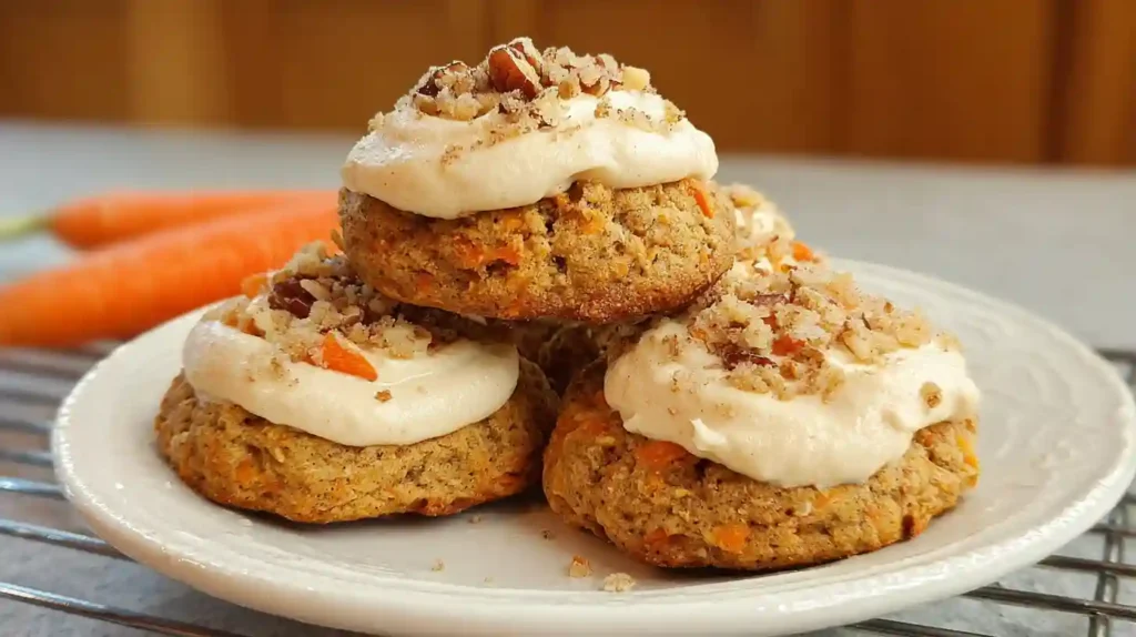 Stack of soft carrot cake cookies topped with cream cheese frosting on white plate