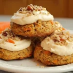 Stack of soft carrot cake cookies topped with cream cheese frosting on white plate