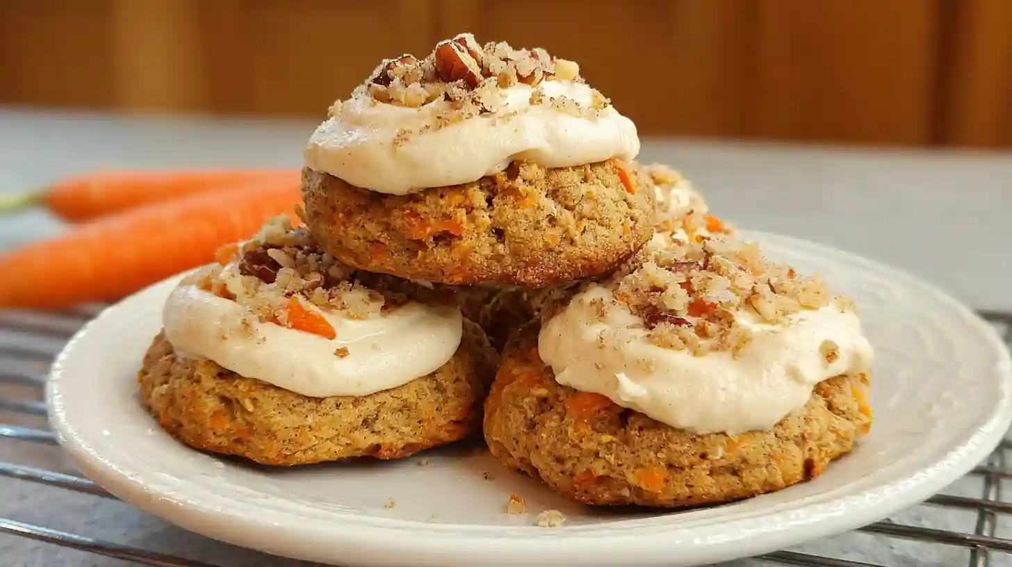Stack of soft carrot cake cookies topped with cream cheese frosting on white plate