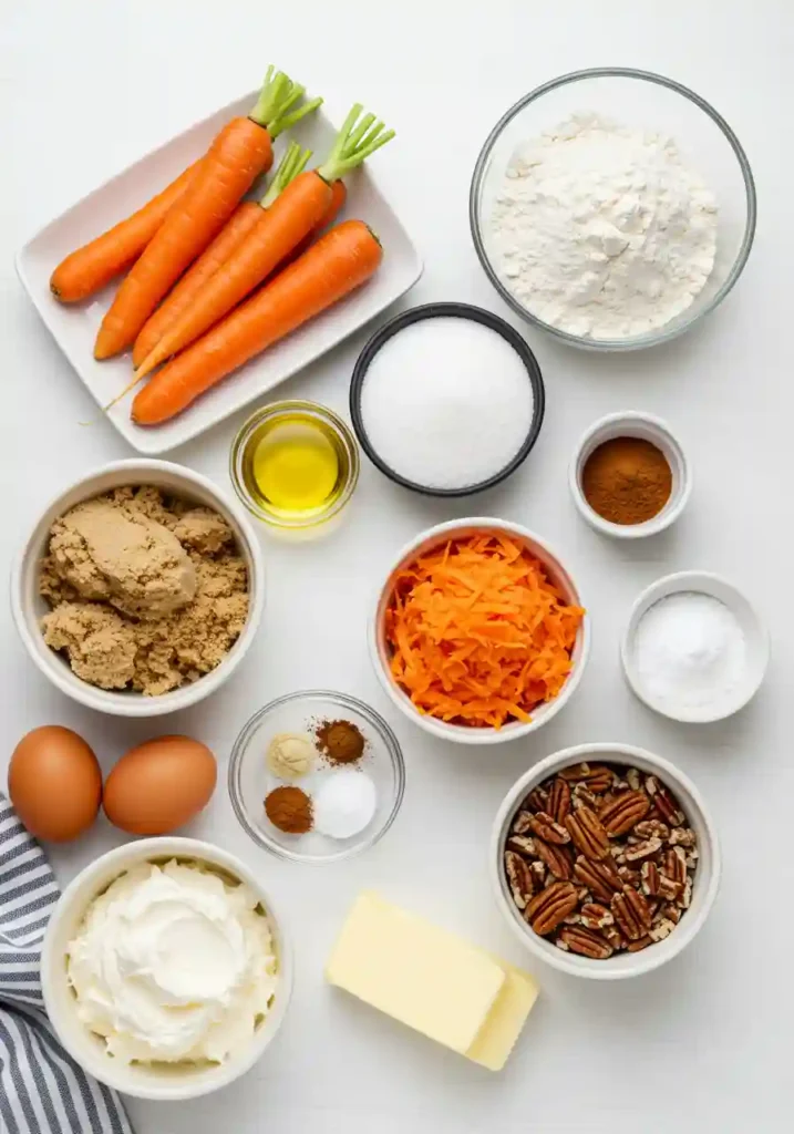 Fresh grated carrots, flour, spices, butter, eggs, and cream cheese arranged for carrot cake cookies recipe