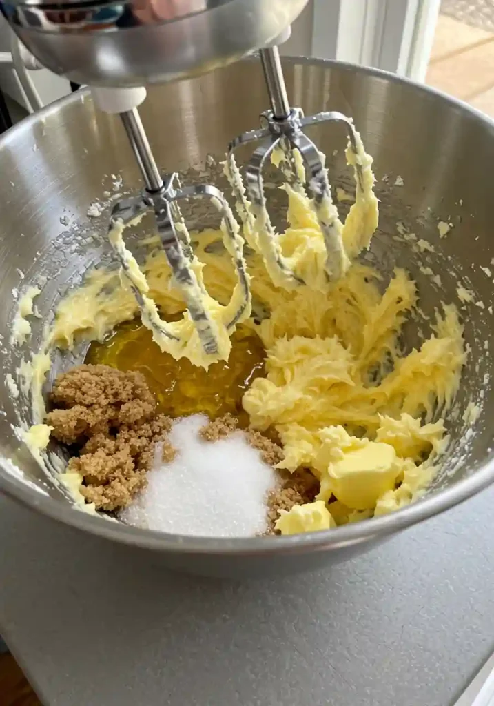 Electric mixer beating butter, oil, and sugars until light and fluffy in large bowl for carrot cake cookies