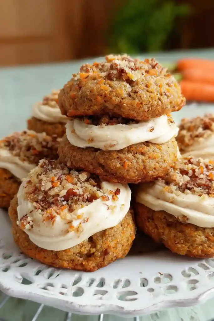 Hand piping cream cheese frosting onto cooled carrot cake cookies using pastry bag