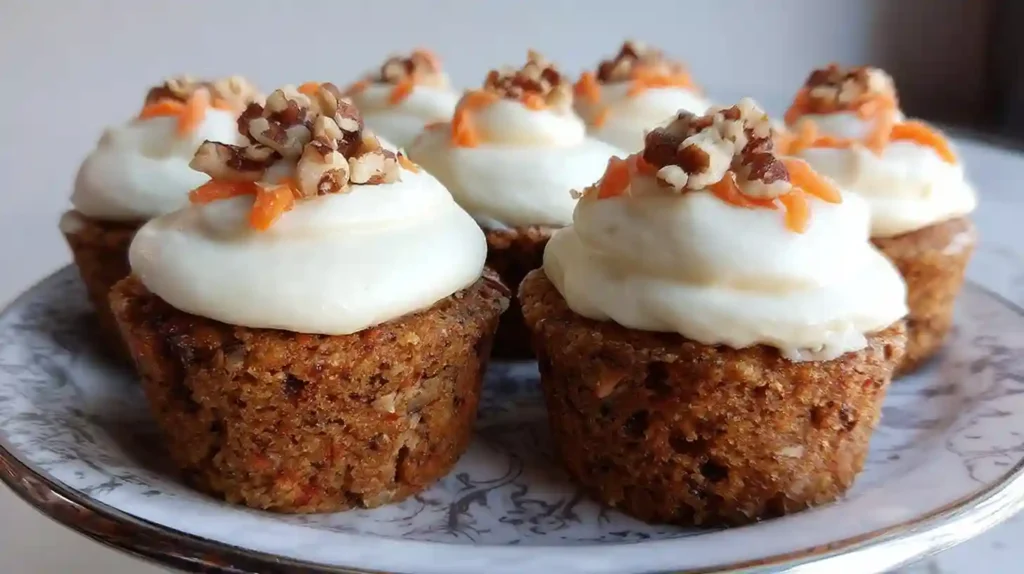 Freshly baked carrot cake cupcakes topped with swirled cream cheese frosting on white plate