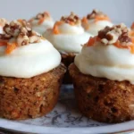 Freshly baked carrot cake cupcakes topped with swirled cream cheese frosting on white plate