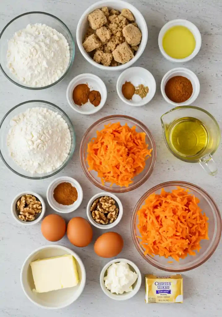 All ingredients for carrot cake cupcakes including grated carrots, flour, spices, eggs, and cream cheese arranged on marble countertop