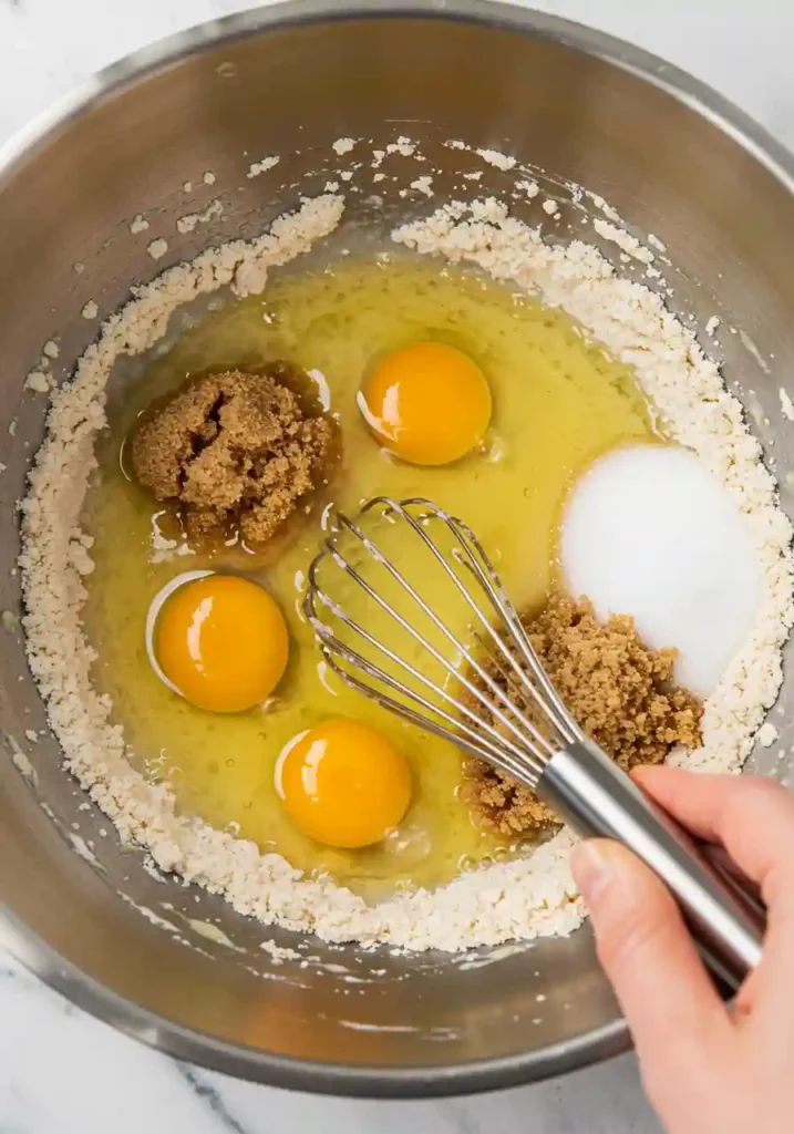 Hands folding freshly grated carrots into thick cupcake batter in large mixing bowl with wooden spoon