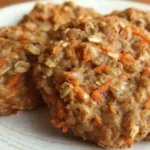 Golden carrot cake oatmeal cookies on wooden board with glass of milk