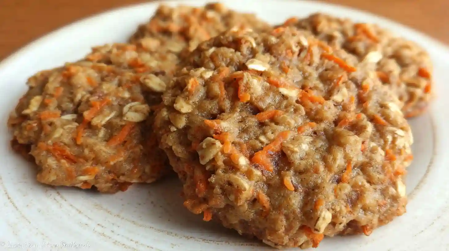 Golden carrot cake oatmeal cookies on wooden board with glass of milk