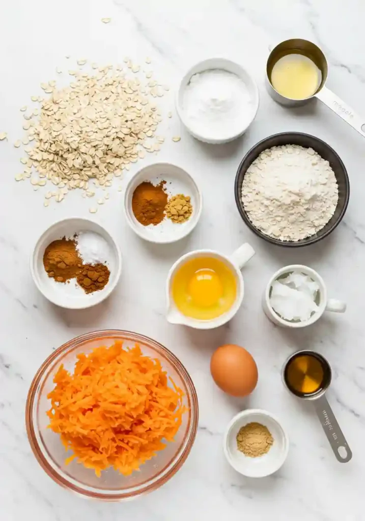 Fresh ingredients for carrot cake oatmeal cookies including grated carrots, oats, and spices