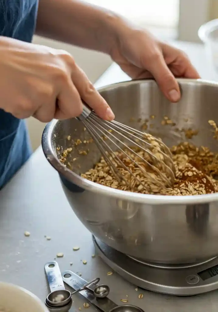Whisking oats, flour, and spices together in large mixing bowl for carrot cake cookies
