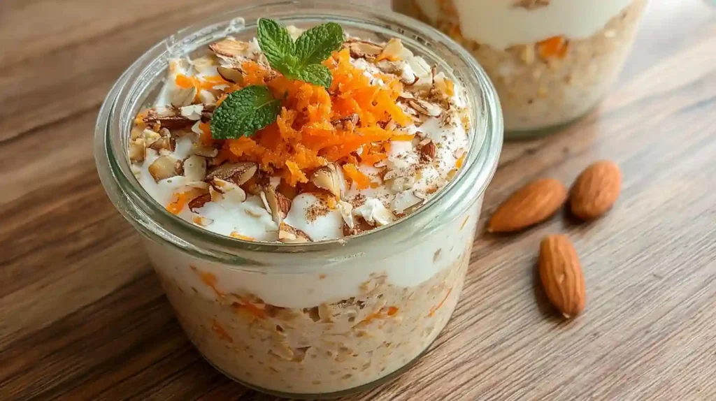 Creamy carrot cake overnight oats in mason jar topped with walnuts and coconut flakes on wooden table