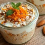 Creamy carrot cake overnight oats in mason jar topped with walnuts and coconut flakes on wooden table