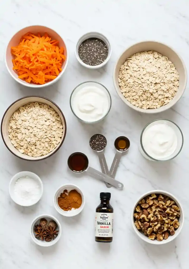 Fresh ingredients for carrot cake overnight oats including rolled oats, grated carrots, Greek yogurt, and warm spices