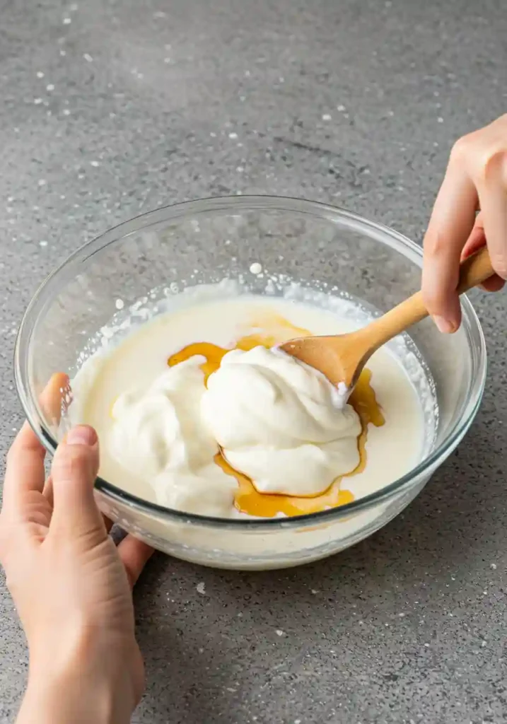 Mixing Greek yogurt, milk, and maple syrup for carrot cake overnight oats in glass bowl