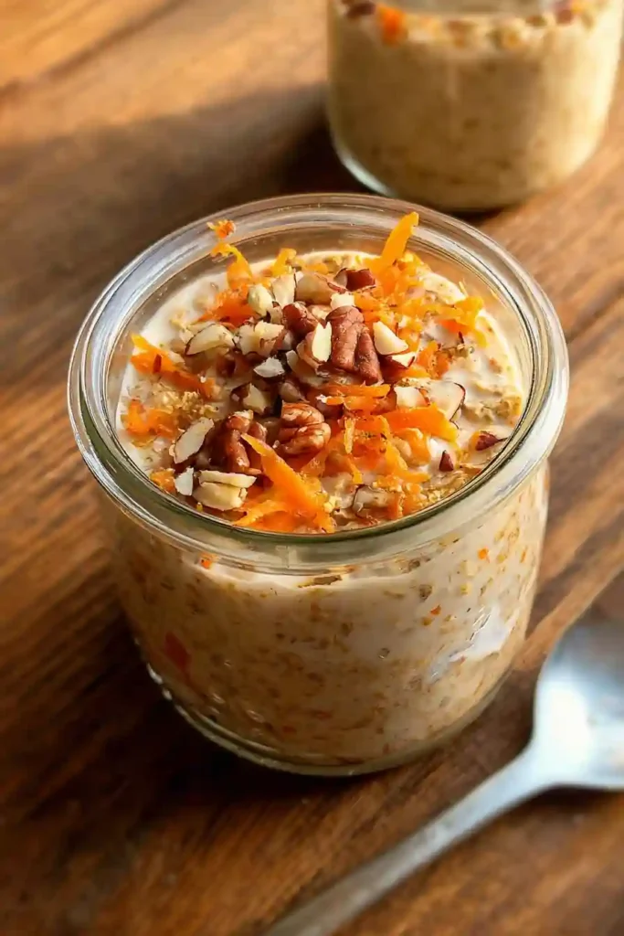 Prepared carrot cake overnight oats being stirred in mason jar, ready to serve for breakfast