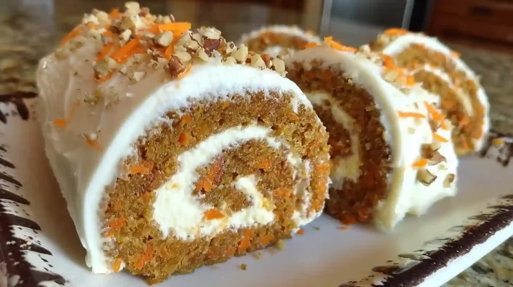 Sliced carrot cake roll with cream cheese frosting showing spiral layers on white plate