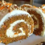 Sliced carrot cake roll with cream cheese frosting showing spiral layers on white plate