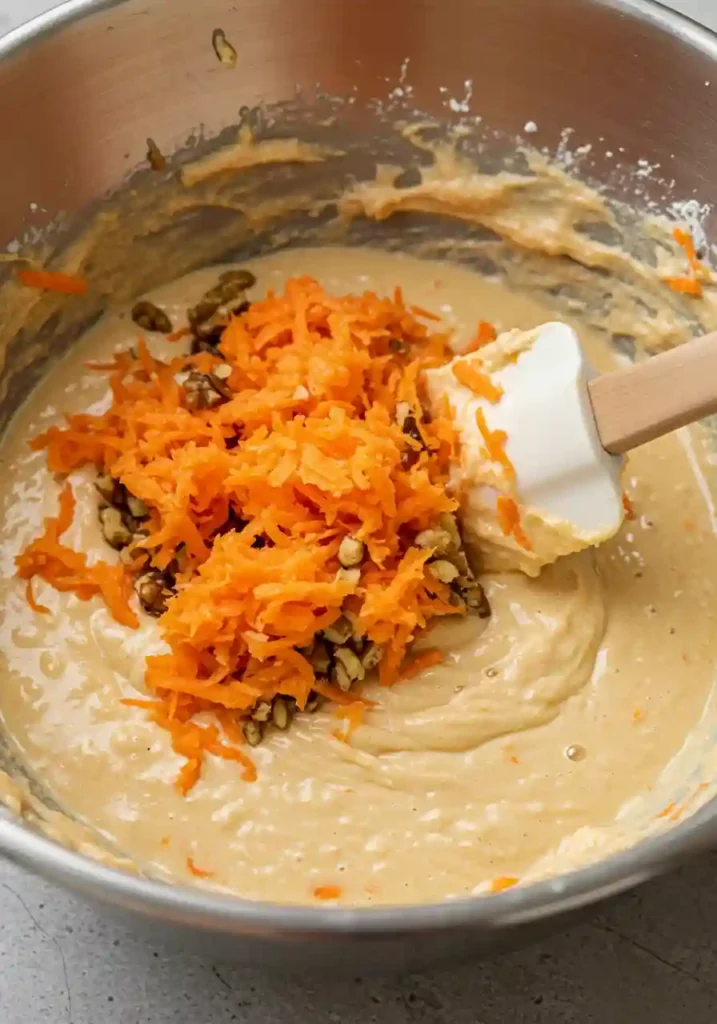 Hands folding fresh grated carrots and chopped walnuts into light cake batter in mixing bowl