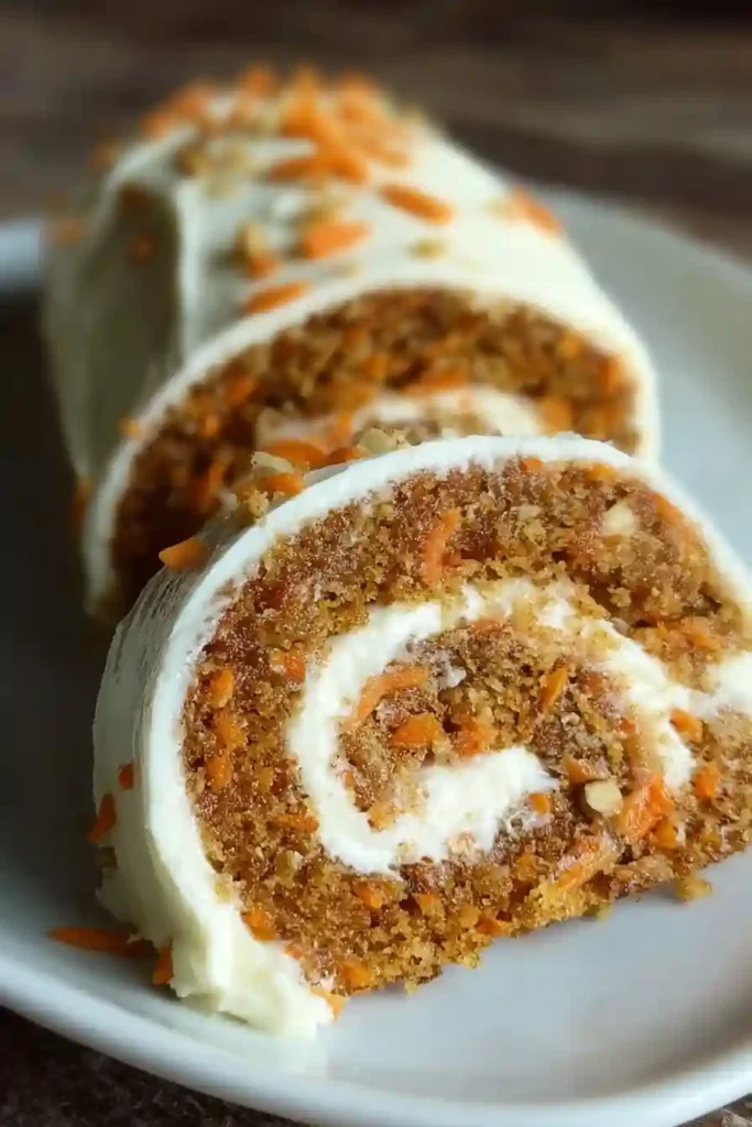 Hands carefully rolling carrot cake filled with cream cheese frosting into log shape